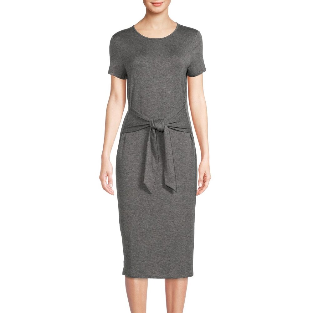 Time & Tru Soft Midi T-shirt Dress Tie Waist Short Sleeve | Grey | XS (0-2)